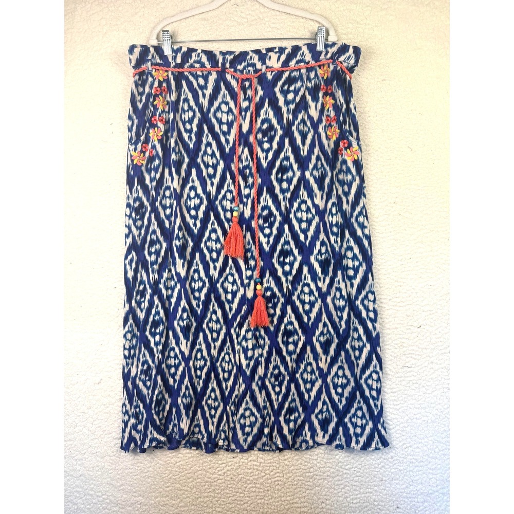 Soft Surroundings 1X Boho Skirt Embroidered Maxi Hippie Rayon Resort Blue White